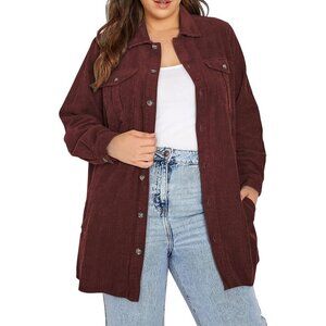 🆕Womens Red Plus Size Plaid Shacket Long Sleeve Button Down Casual Jacket